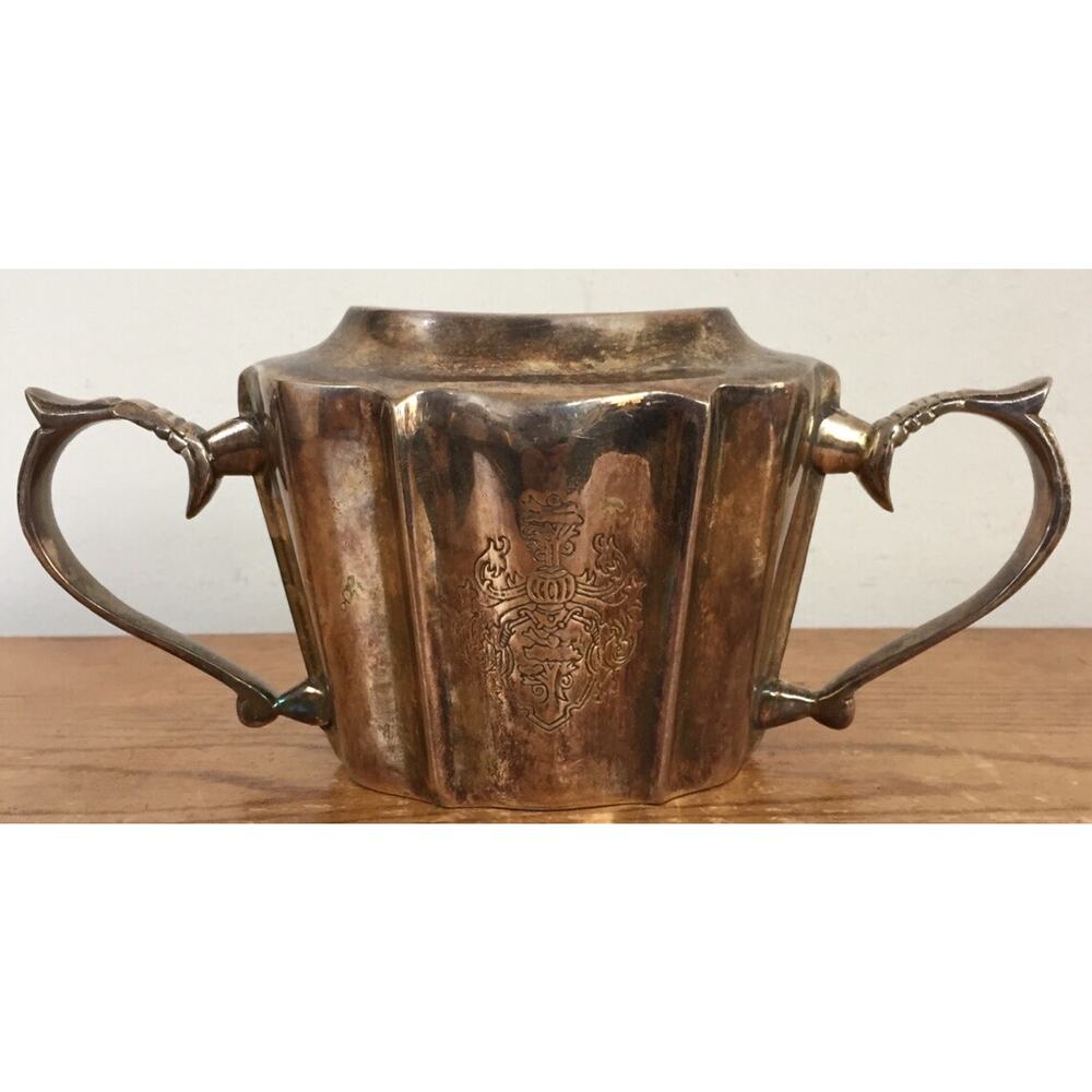 Vintage Antique Victorian Crest Double Handle Silverplate Sugar Bowl No Lid